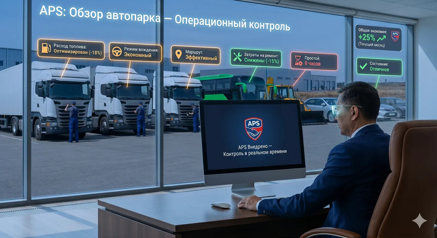Обзор автопарка: диспетчерская с показателями за стеклом