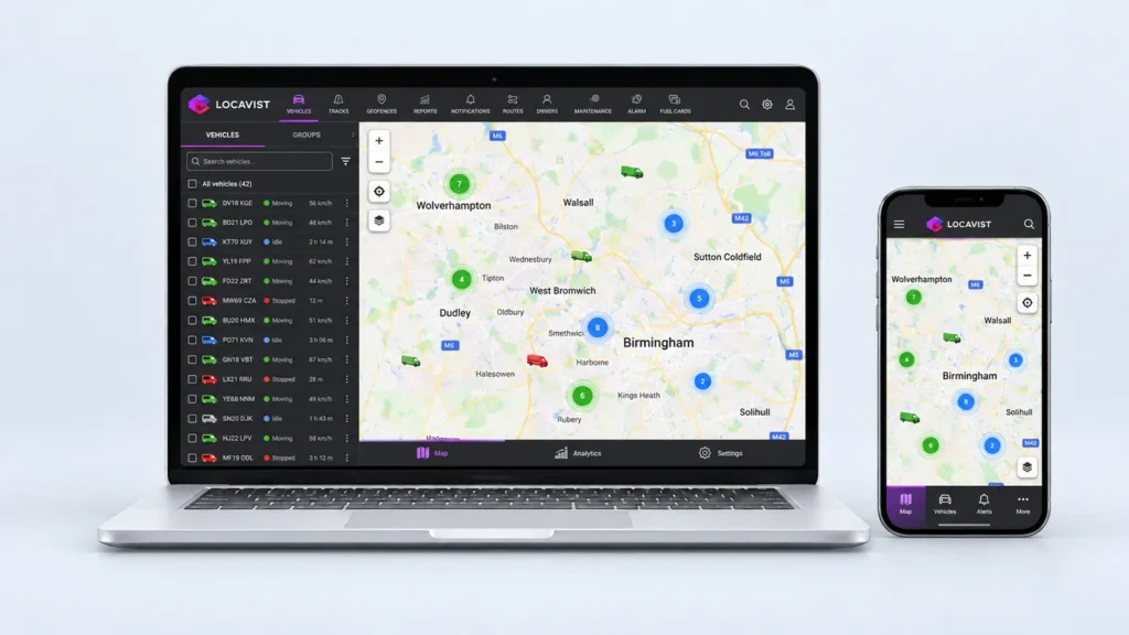 Locavist на ноутбуке и смартфоне: карта парка и список техники